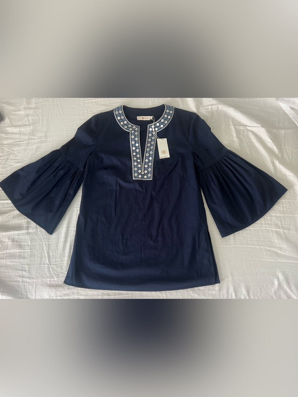 NWT Tory Burch Navy Embellished Split-Neck Bell Sleeve Tunic size 4